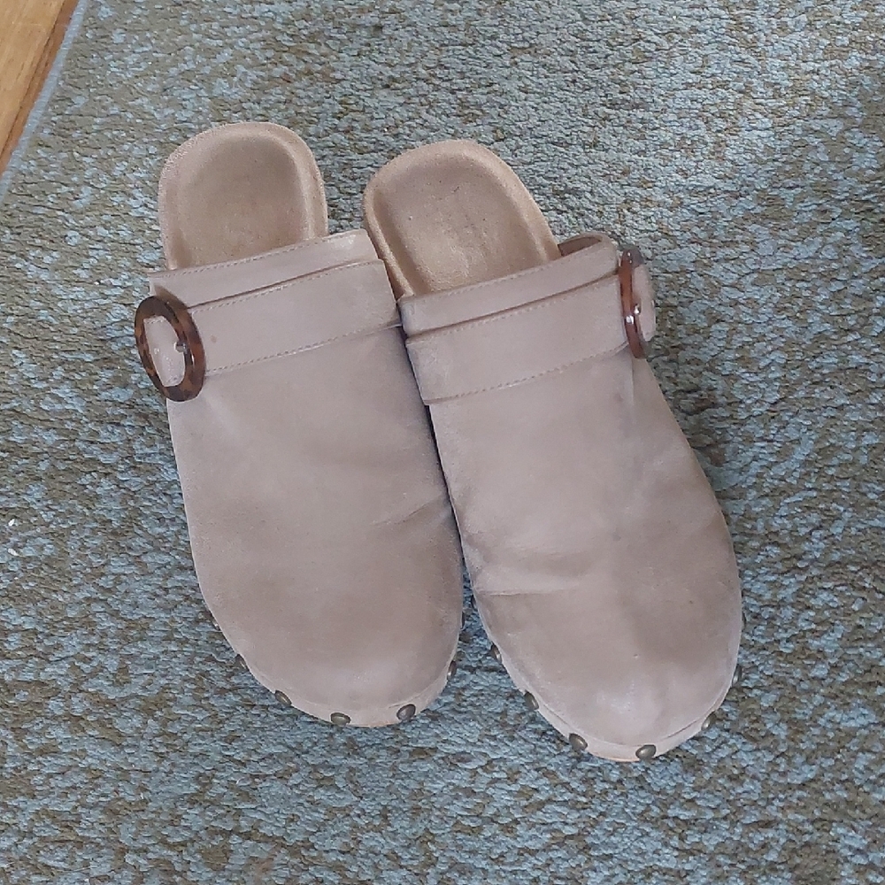 Beige Suede Clogs with Buckle